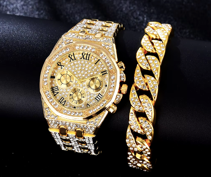 🤩RELOJ + PULSERA CON INCRUSTACIONES TIPO DIAMANTE  DE LUJO💎