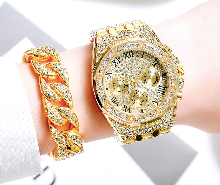 🤩RELOJ + PULSERA CON INCRUSTACIONES TIPO DIAMANTE  DE LUJO💎