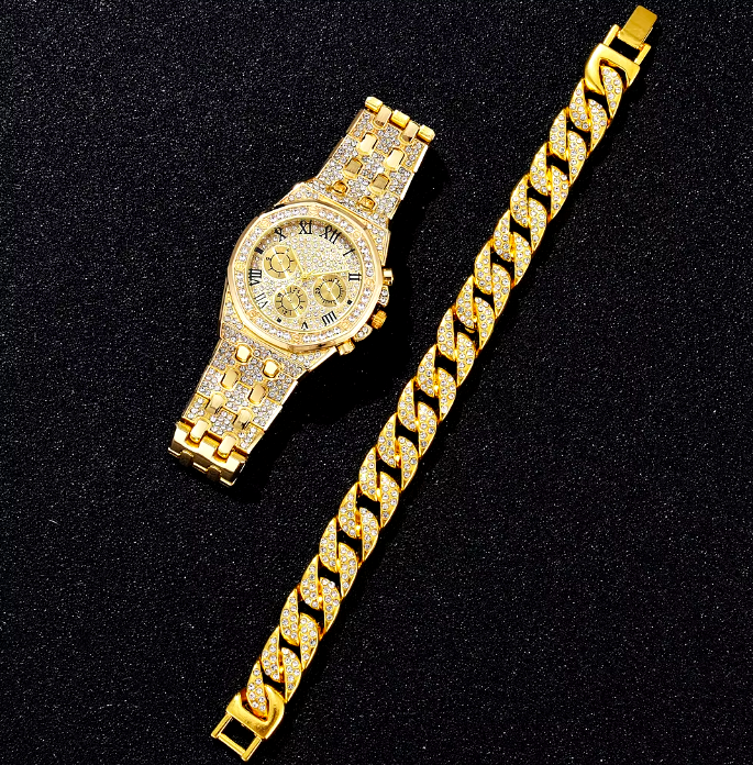🤩RELOJ + PULSERA CON INCRUSTACIONES TIPO DIAMANTE  DE LUJO💎